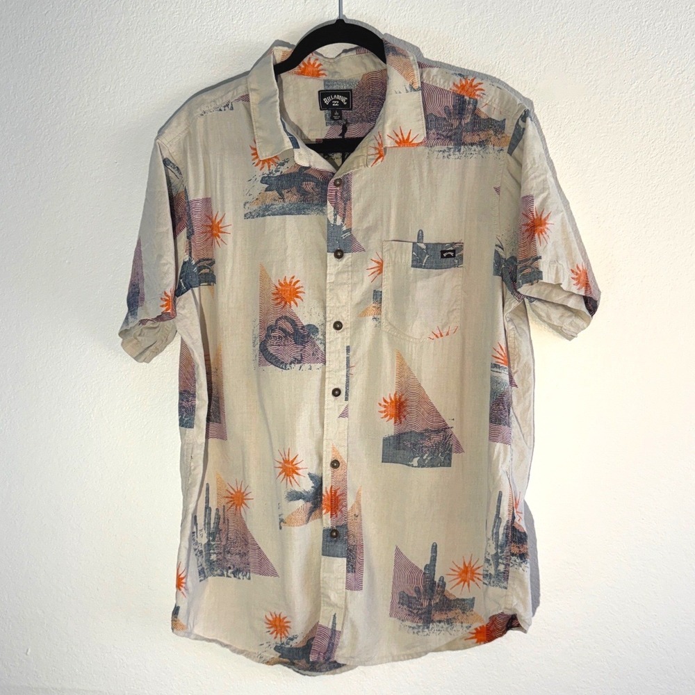 New Billabong Sundays Floral Short Sleeve Button Down Shirt Cream Desert Print